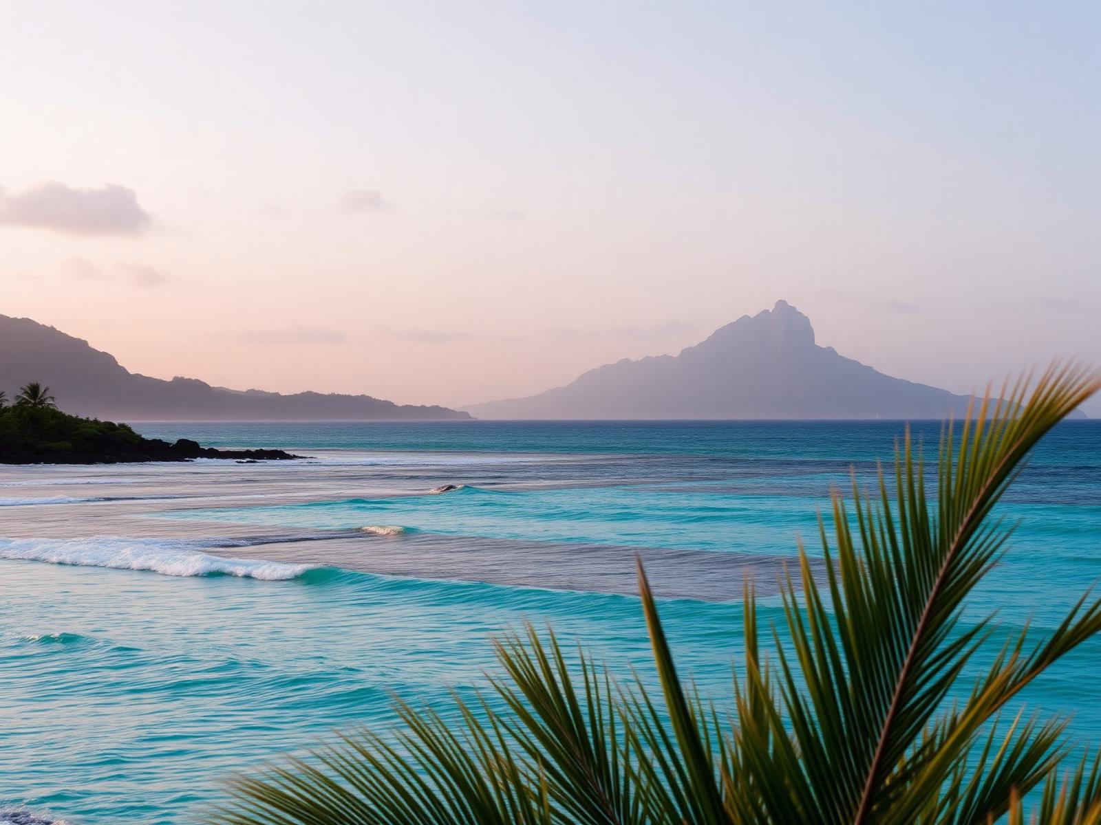 Turquoise lagoon and distant mountain in Mauritius at golden hour